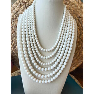 Vintage Japan Six Strand White Plastic Bead Silver Tone Necklace on String Retro
